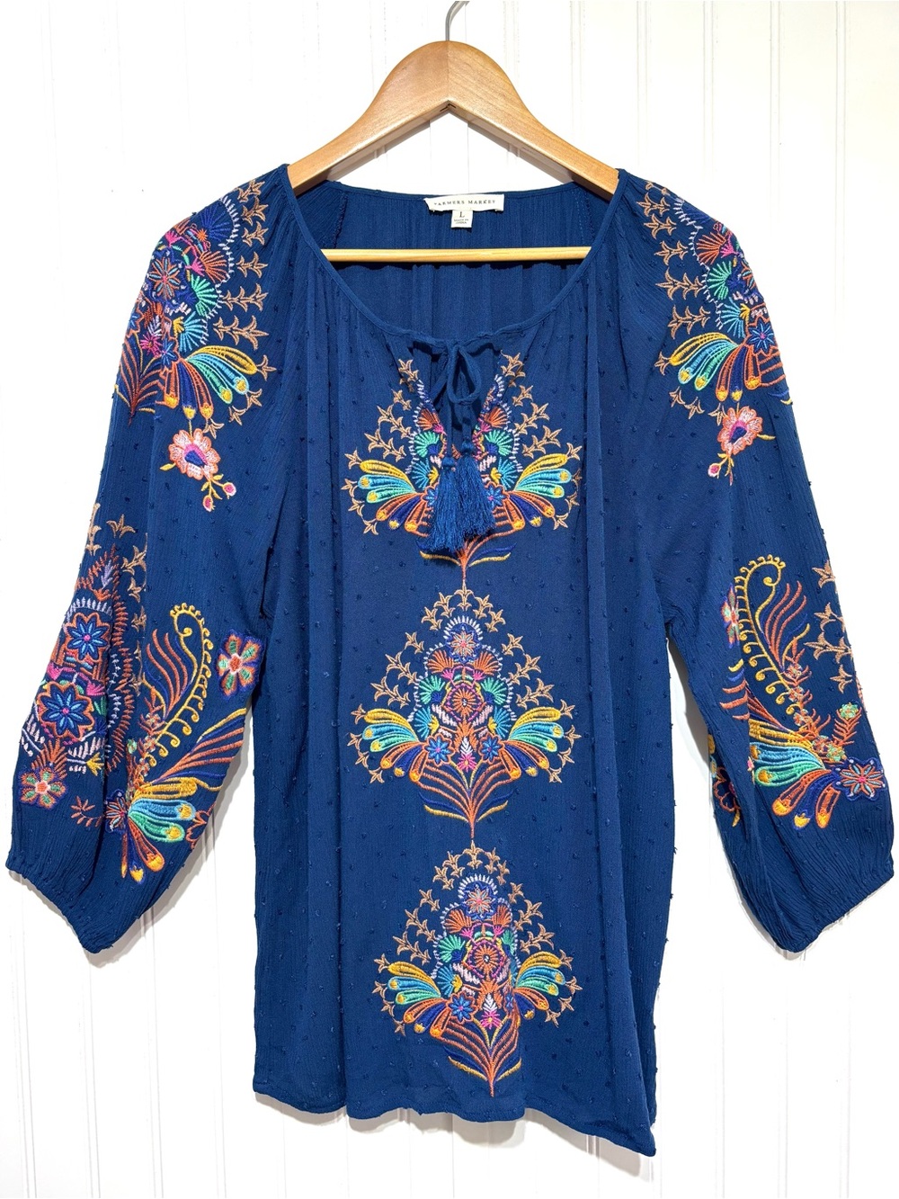 Farmers Market Blue Embroidered Boho Peasant Blouse Top Tie Tassels Size L